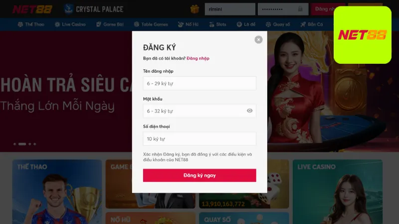 Hướng dẫn đăng ký tài khoản đơn giản tại Net88